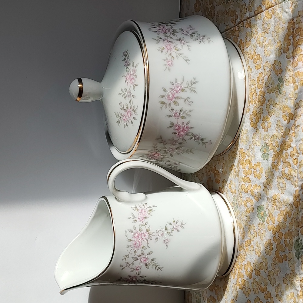 Rococo Revival Goddess Fine China April Rose Japan Sugar Bowl Lid & Creamer